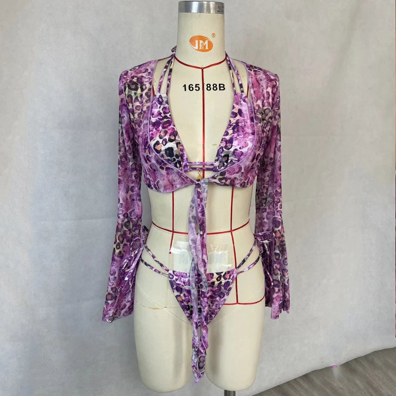 BEACHCICI Bikini Driedelig Sexy Luipaardprint String Lange Mouw Vetersluiting Halter Strandvakantie Badpak
