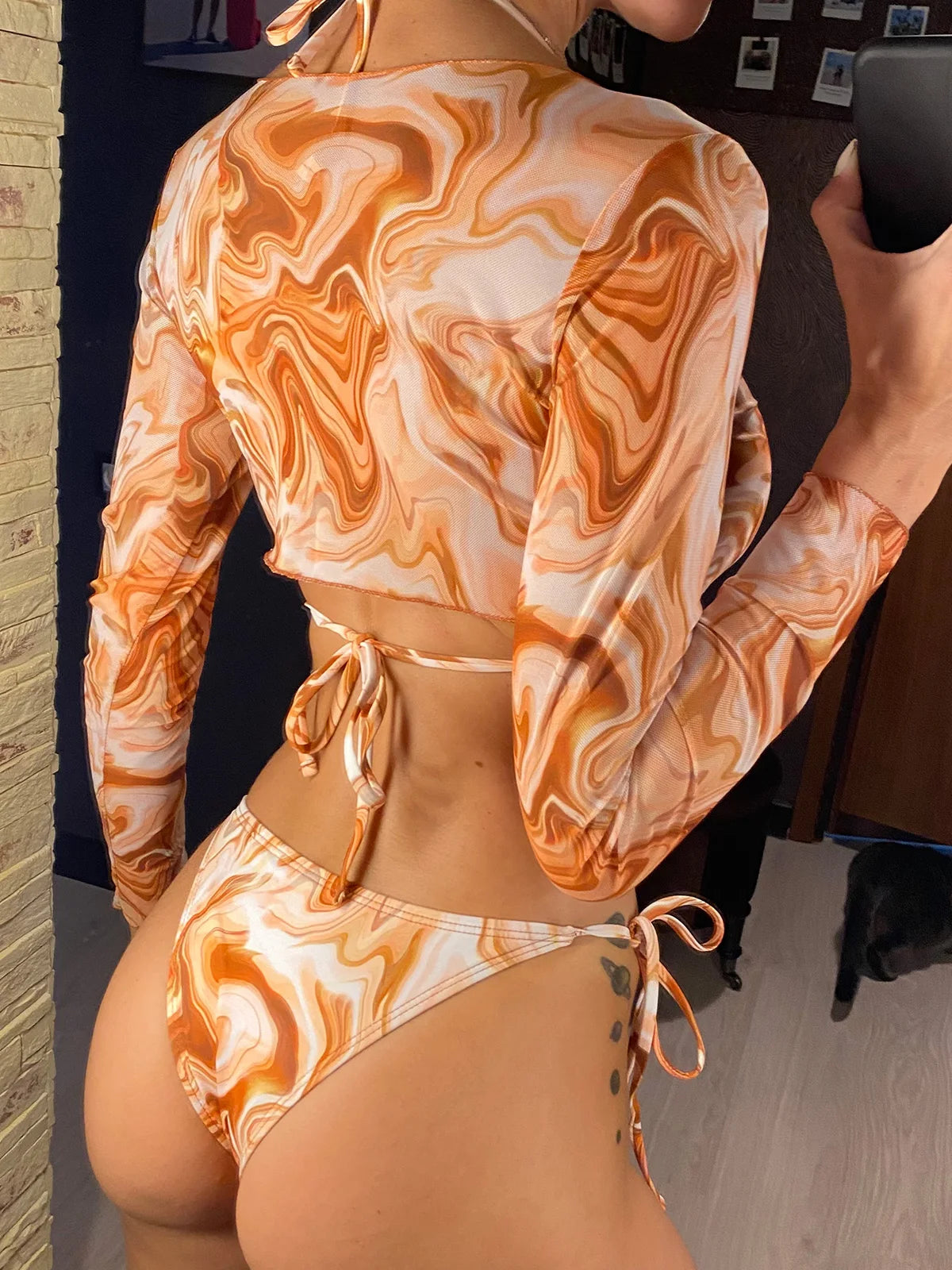 Luipaardprint Lange Mouw Bikini Badpak Driedelige Bikiniset maat S-XXL