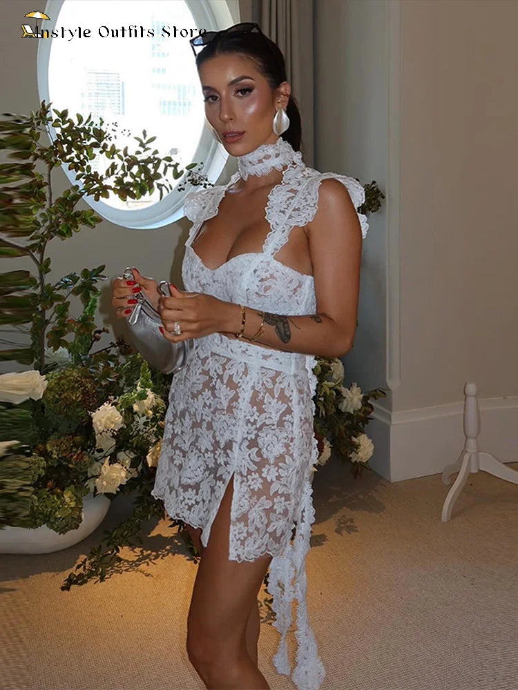 Kanten minirokset, crop top, zijsplit, zomer, vakantie, sexy strand sets