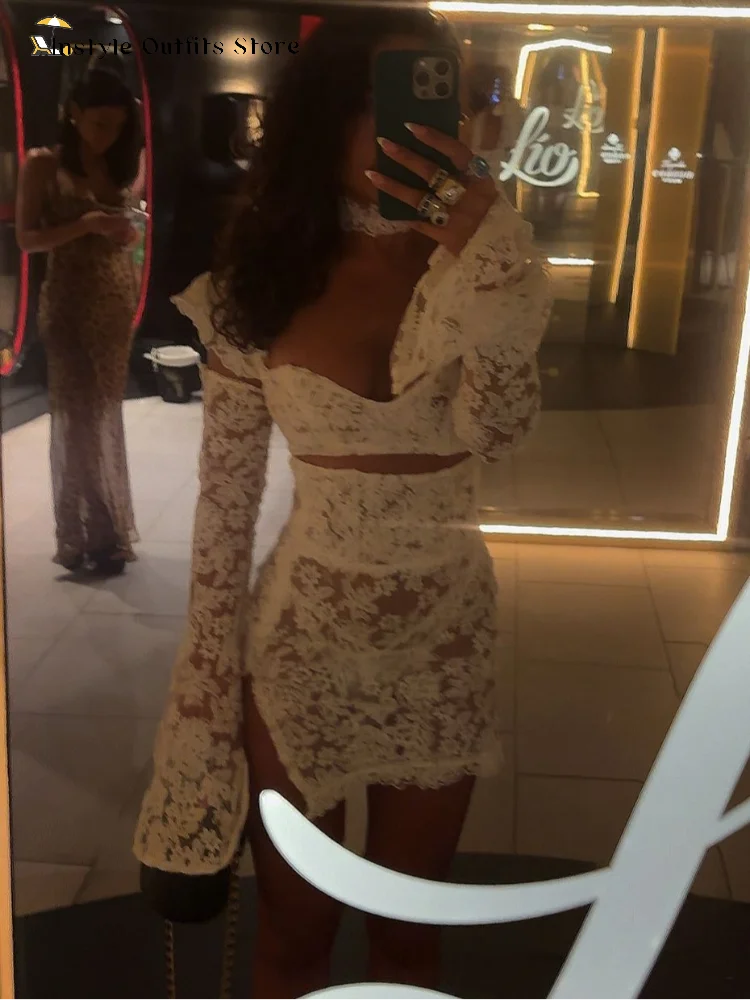 Kanten minirokset, crop top, zijsplit, zomer, vakantie, sexy strand sets