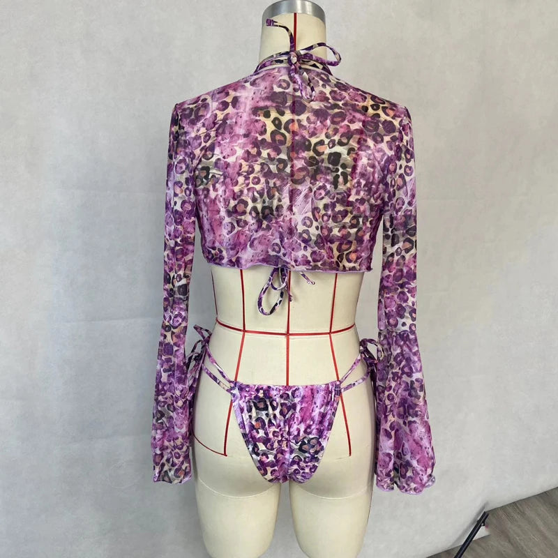 BEACHCICI Bikini Driedelig Sexy Luipaardprint String Lange Mouw Vetersluiting Halter Strandvakantie Badpak