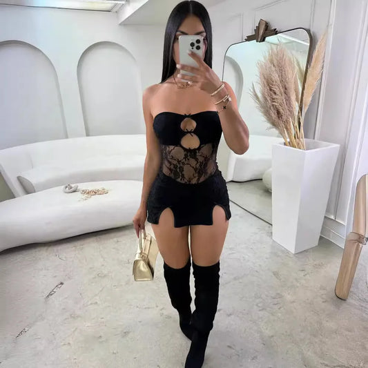 Combhasaki Mouwloze Doorschijnende Slim Fit Bodycon Tube Jurk