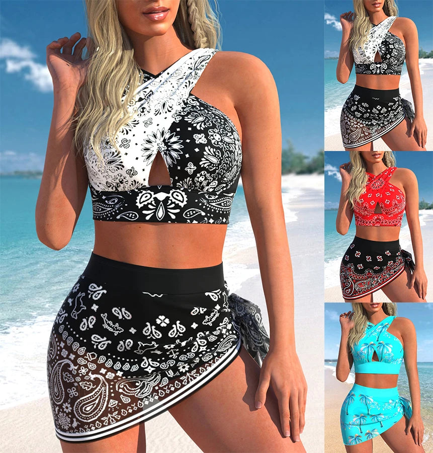 Nieuwe zomer strand nieuwe dames bikini tweedelig zwempak waterdruppelprint kruisstrik strandpak S-6XL