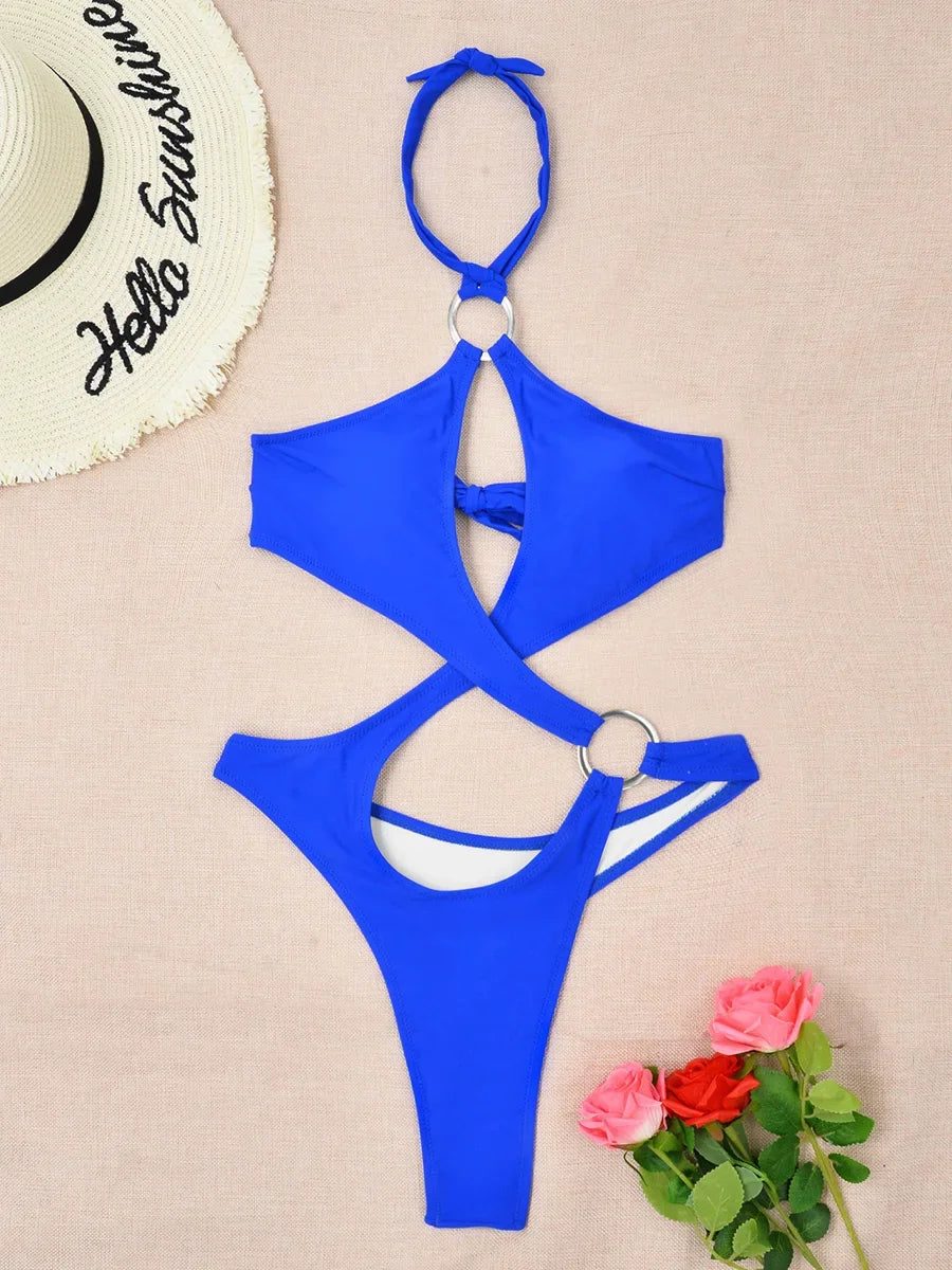 Sexy halter badpak met uitgesneden buik, dames string badmode