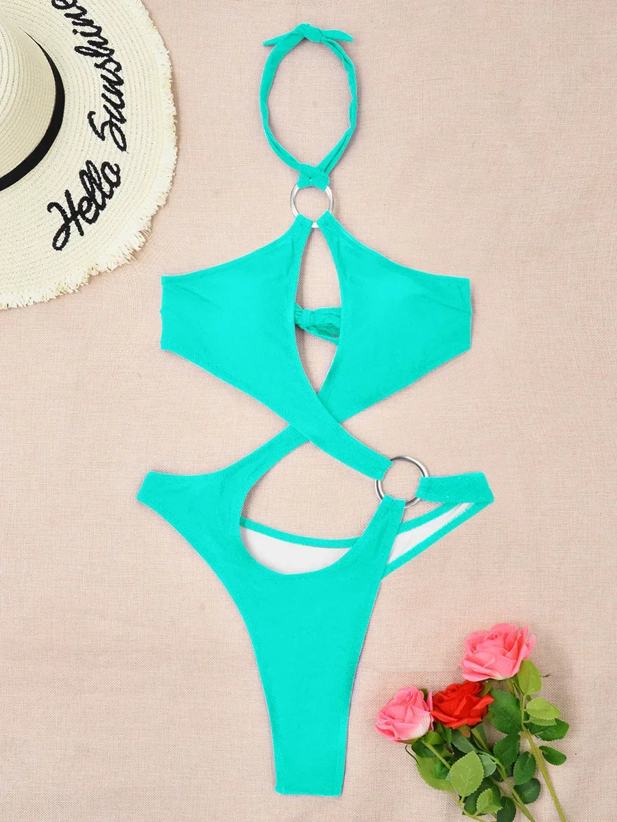 Sexy halter badpak met uitgesneden buik, dames string badmode