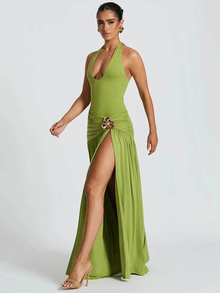 Mozision Elegante Sexy Maxi-jurkset met open rug, geplooide splitjurken