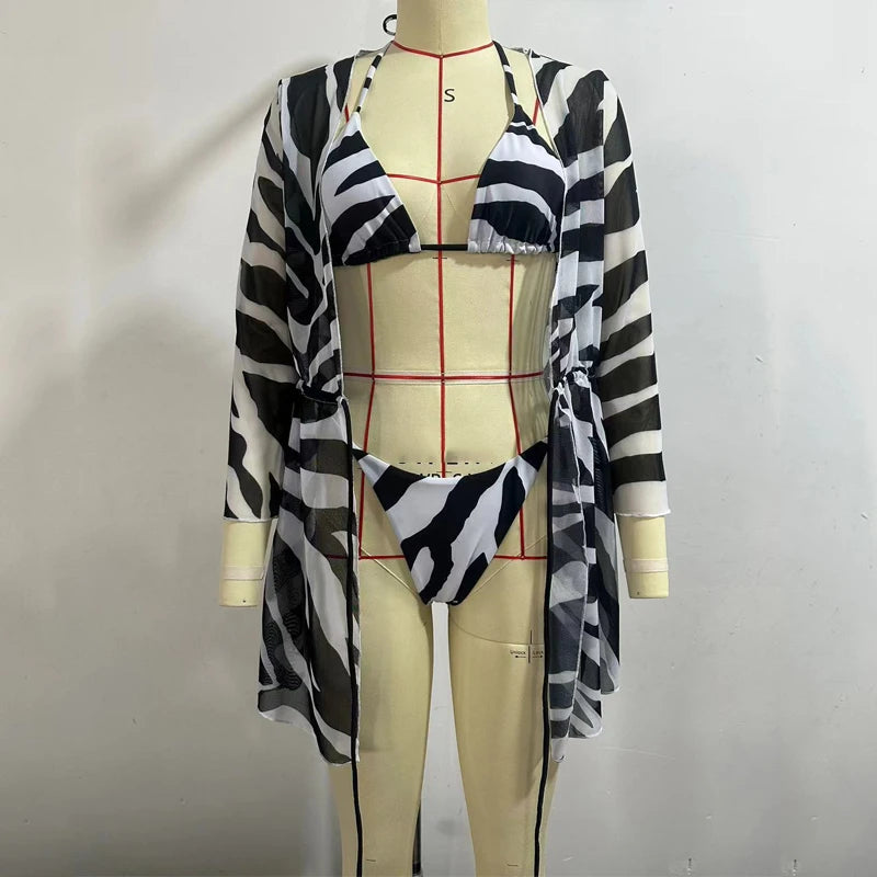 BEACHCICI 3-delige set met zebraprint, halternek, vetertop, string