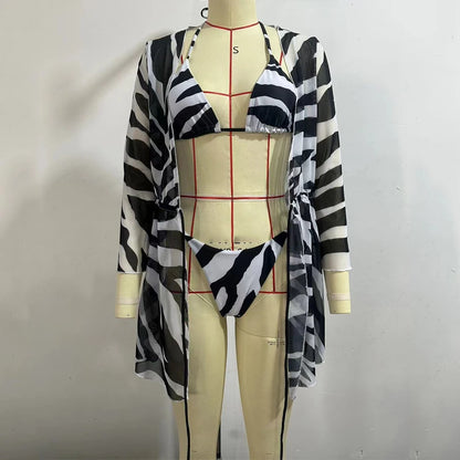 BEACHCICI 3-delige set met zebraprint, halternek, vetertop, string