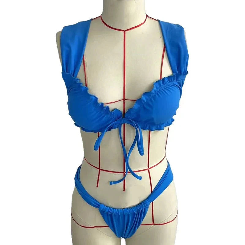BEACHCICI Dames badpak sexy bikini tweedelig met vetersluiting geplooide hoge taille bikiniset