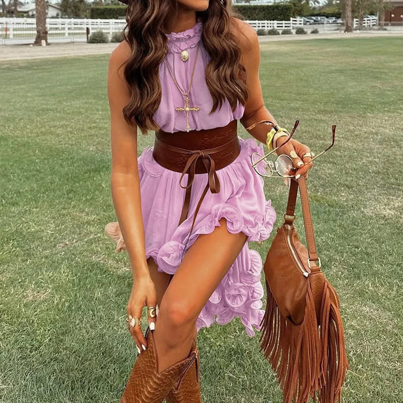 Nieuwe effen chiffon vakantie tweedelige sexy mouwloze zoom top & rok geplooid