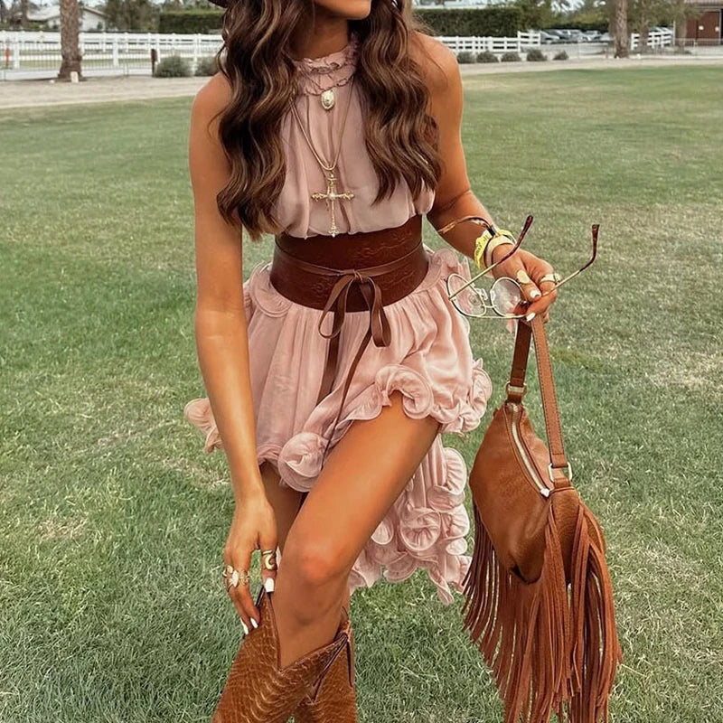 Nieuwe effen chiffon vakantie tweedelige sexy mouwloze zoom top & rok geplooid