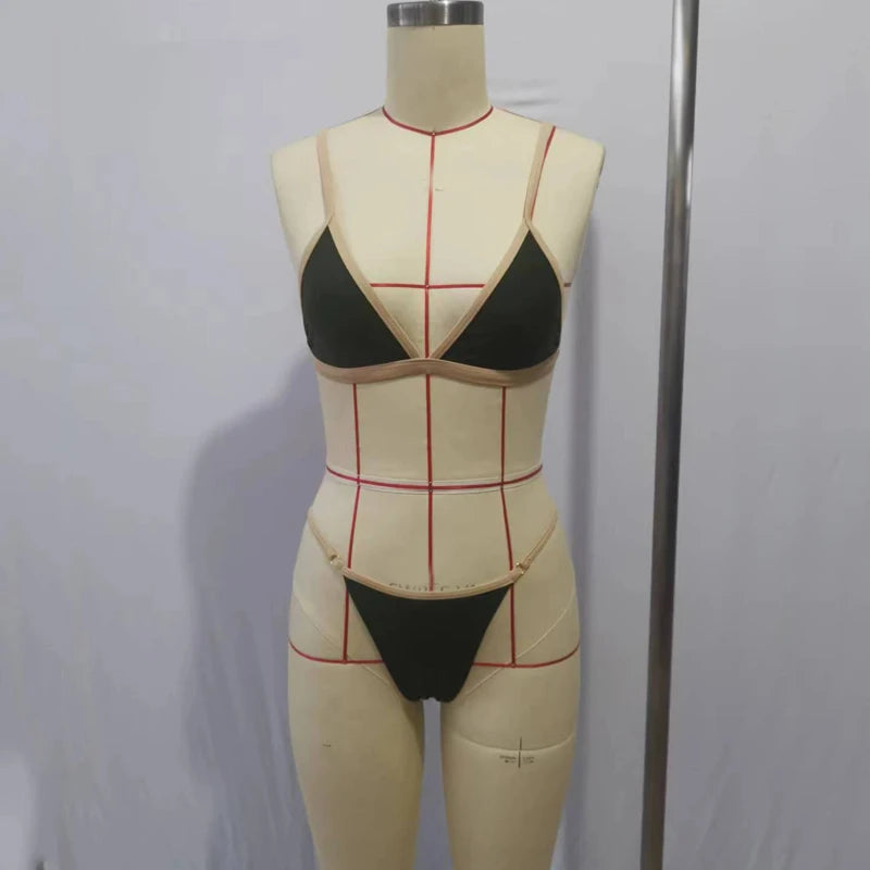 BEACHCICI Bikini Sexy Contrasterende Kleur Jarretel V-hals String Strandvakantie Badpak