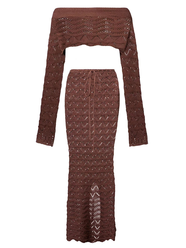 Sexy knitted chic 2-piece beach set, long sleeve short top with drawstring