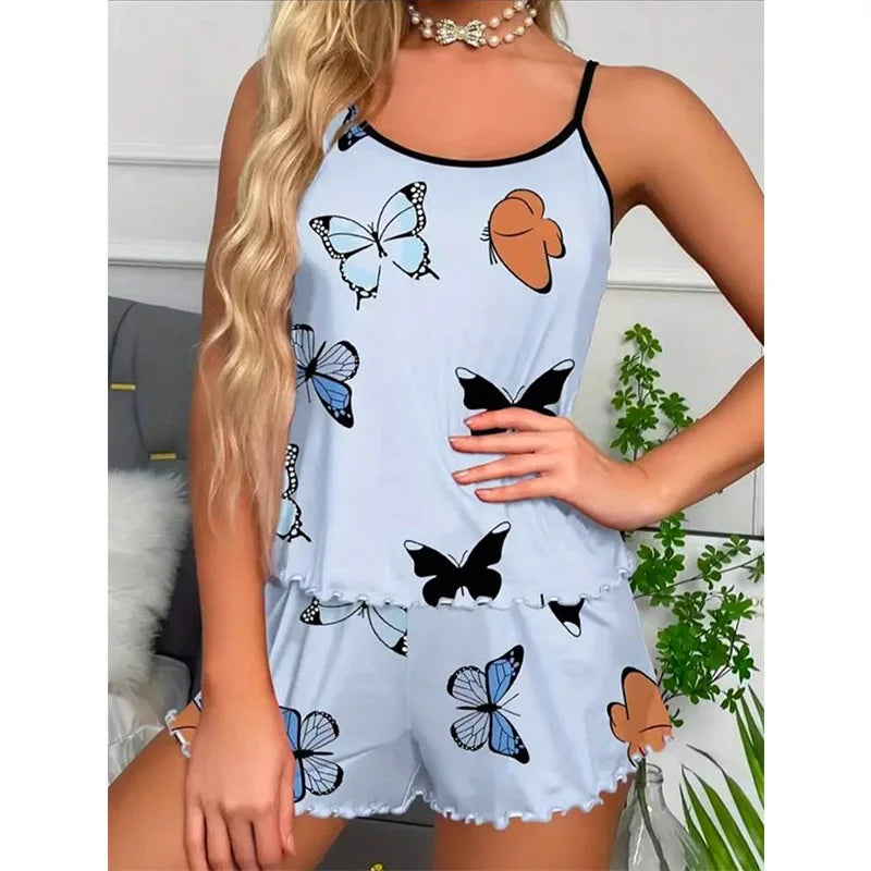 2025 Nieuwe vlinderprint pyjamaset - cami-top met elastische tailleband en shorts