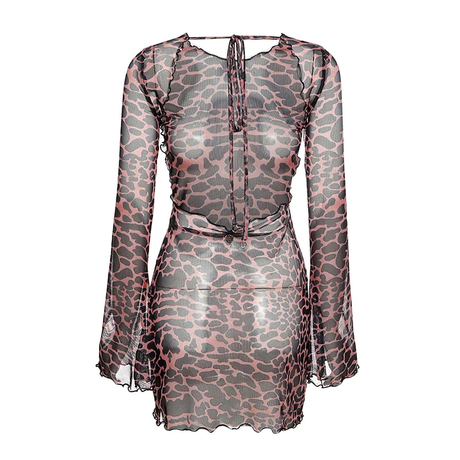 Elegante jurk voor dames met lange mouwen, open rug, mesh, doorschijnend, bodycon, club, feest, mini-jurken, zomermode 2025