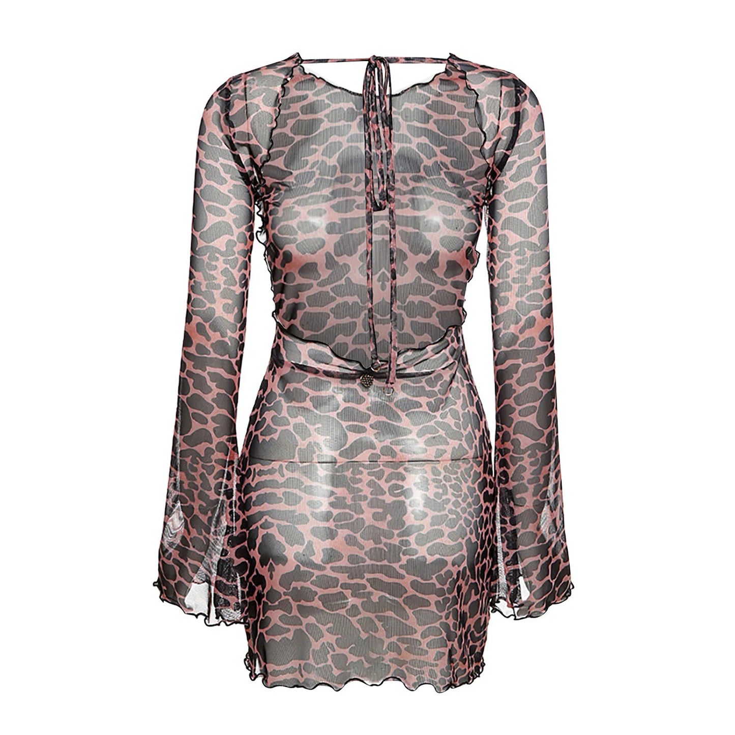 Elegante jurk voor dames met lange mouwen, open rug, mesh, doorschijnend, bodycon, club, feest, mini-jurken, zomermode 2025