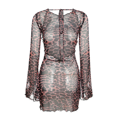 Elegante jurk voor dames met lange mouwen, open rug, mesh, doorschijnend, bodycon, club, feest, mini-jurken, zomermode 2025