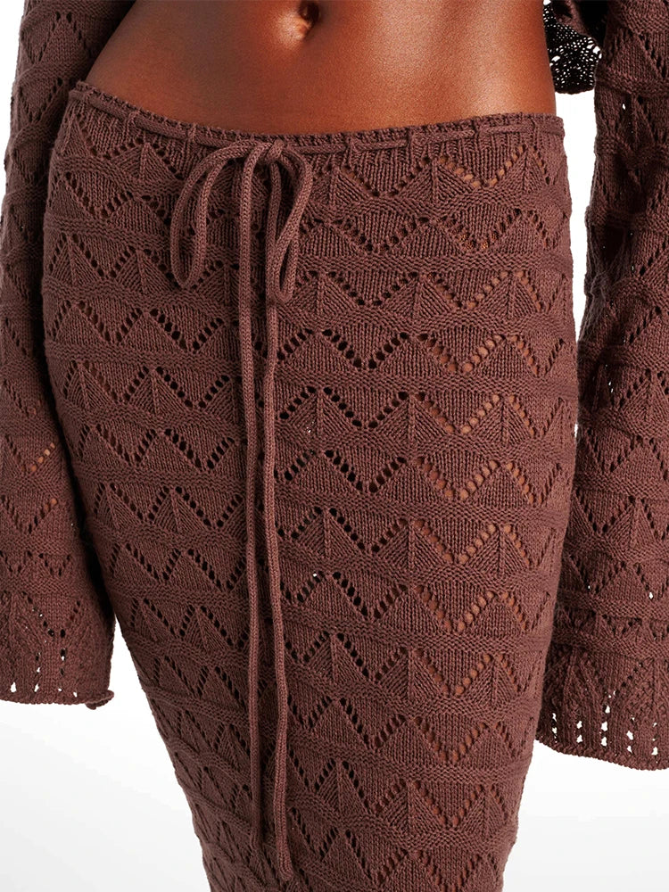 Sexy knitted chic 2-piece beach set, long sleeve short top with drawstring