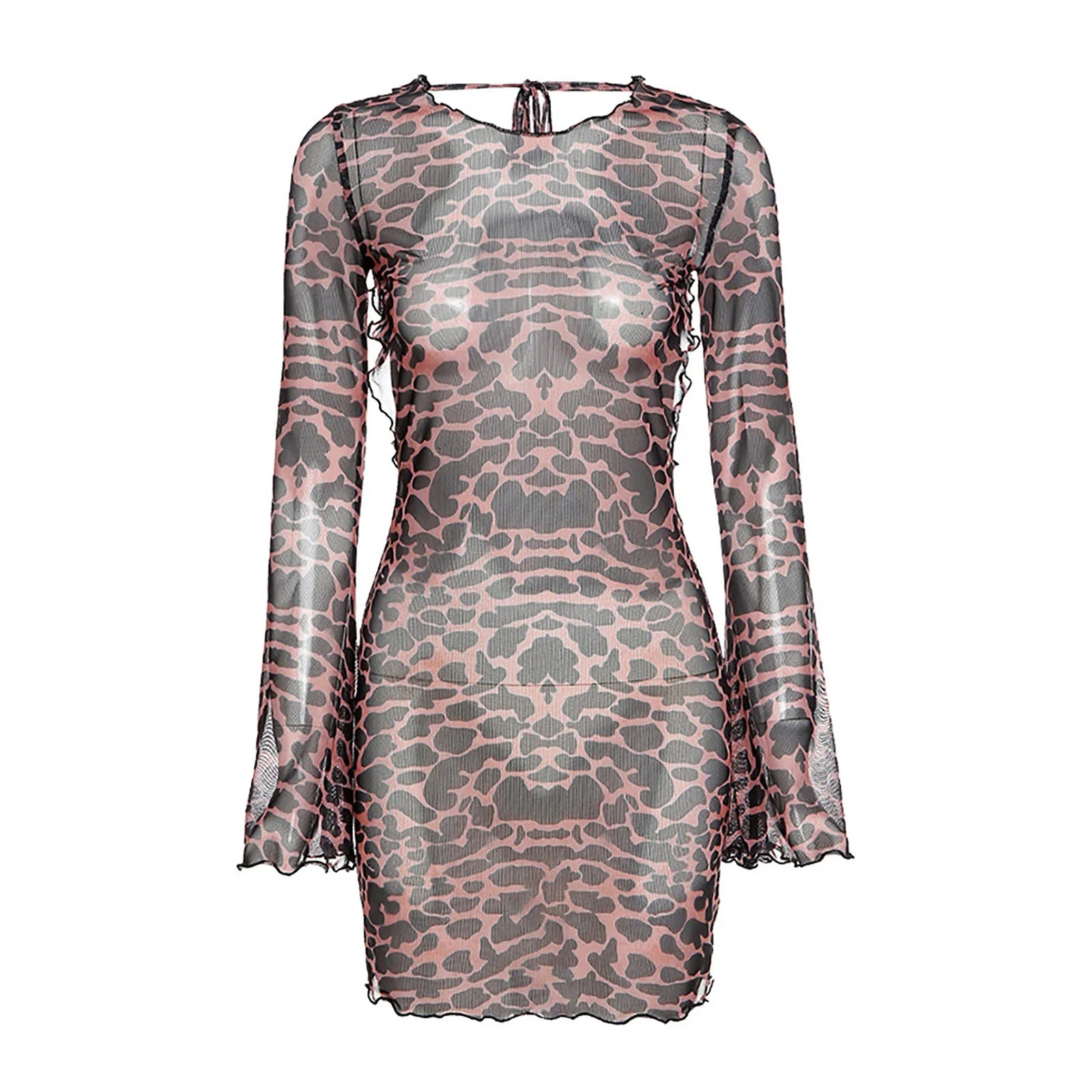 Elegante jurk voor dames met lange mouwen, open rug, mesh, doorschijnend, bodycon, club, feest, mini-jurken, zomermode 2025