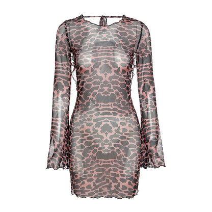 Elegante jurk voor dames met lange mouwen, open rug, mesh, doorschijnend, bodycon, club, feest, mini-jurken, zomermode 2025