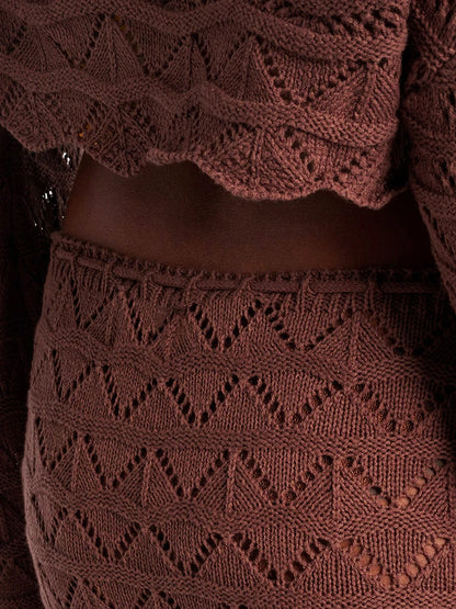 Sexy knitted chic 2-piece beach set, long sleeve short top with drawstring