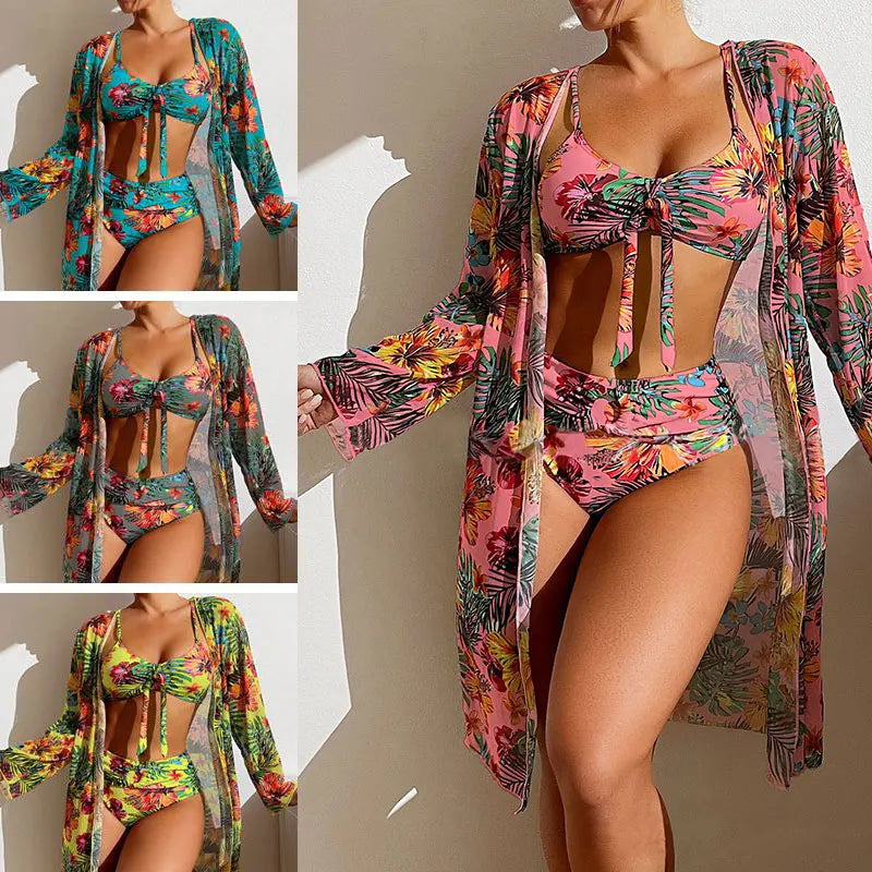 Driedelige badpak met bloemenprint, damesbikiniset, bh zonder beugel en padding, sporttop, blouse met lange mouwen, plus size