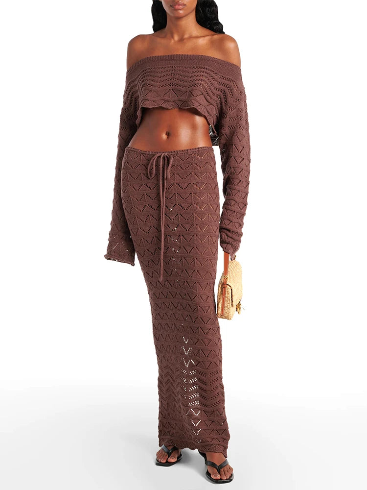 Sexy knitted chic 2-piece beach set, long sleeve short top with drawstring