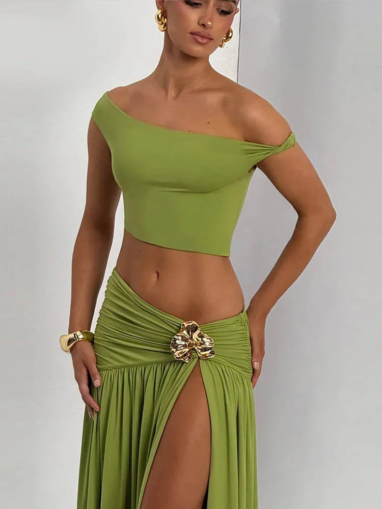 Sibybo elegante 2-delige set dames feestkleding schuine schouder