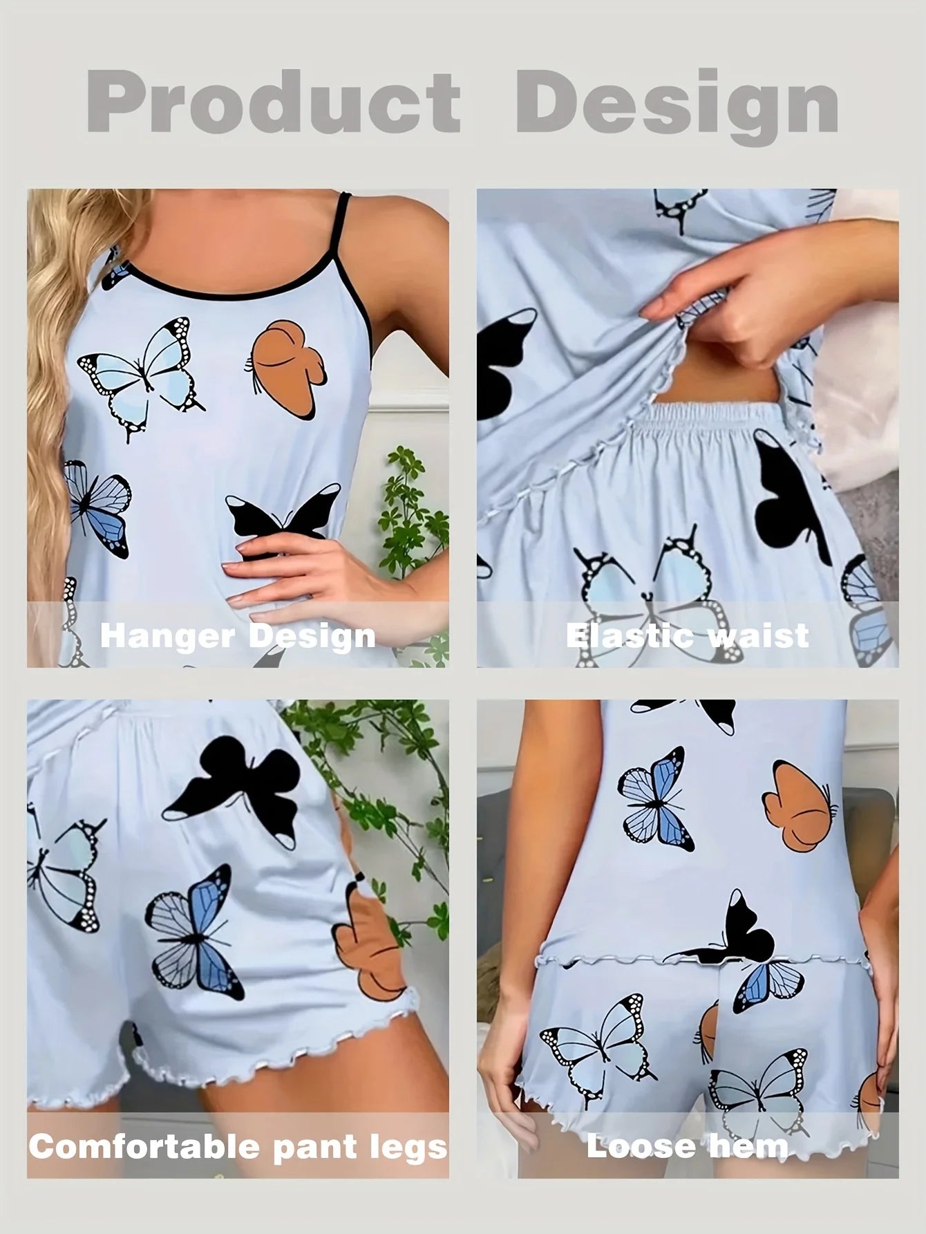 2025 Nieuwe vlinderprint pyjamaset - cami-top met elastische tailleband en shorts
