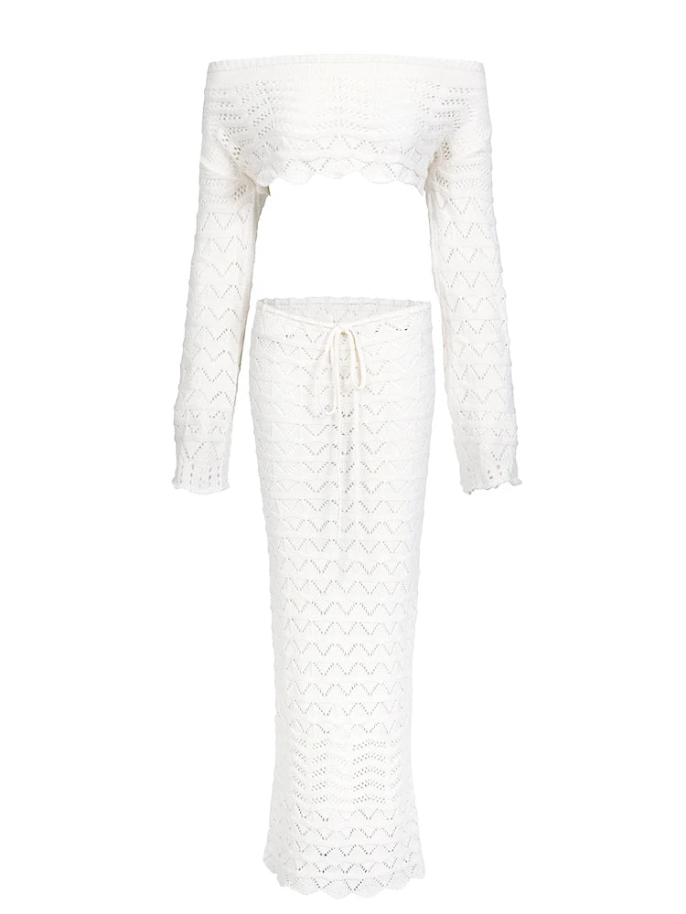 Sexy knitted chic 2-piece beach set, long sleeve short top with drawstring