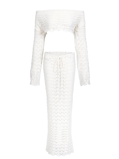 Sexy knitted chic 2-piece beach set, long sleeve short top with drawstring