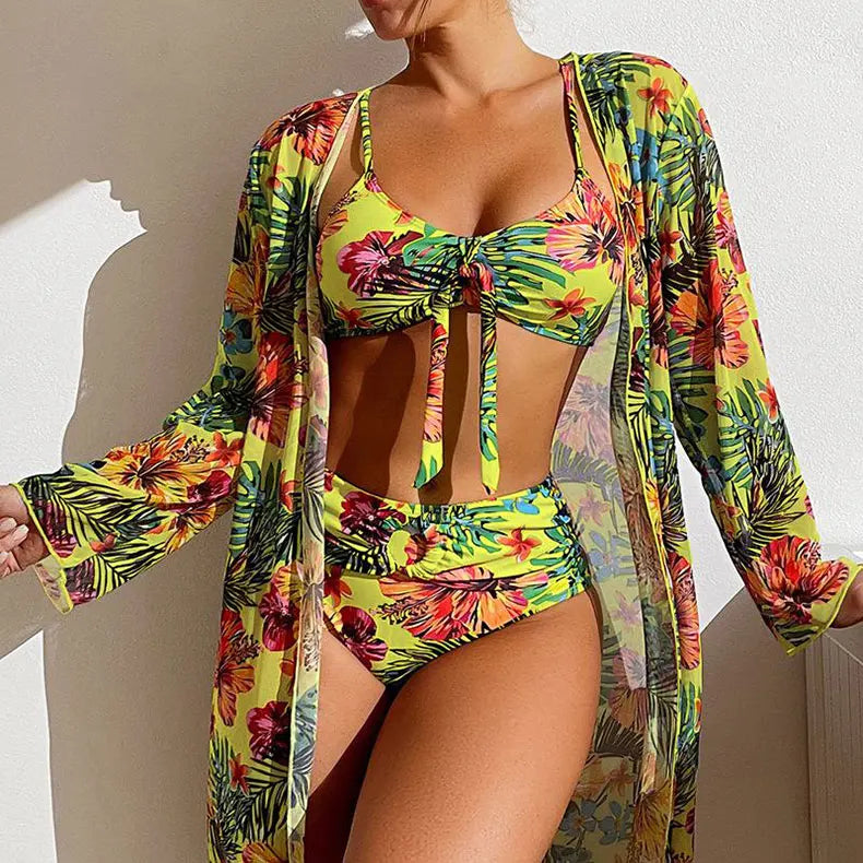 Driedelige badpak met bloemenprint, damesbikiniset, bh zonder beugel en padding, sporttop, blouse met lange mouwen, plus size