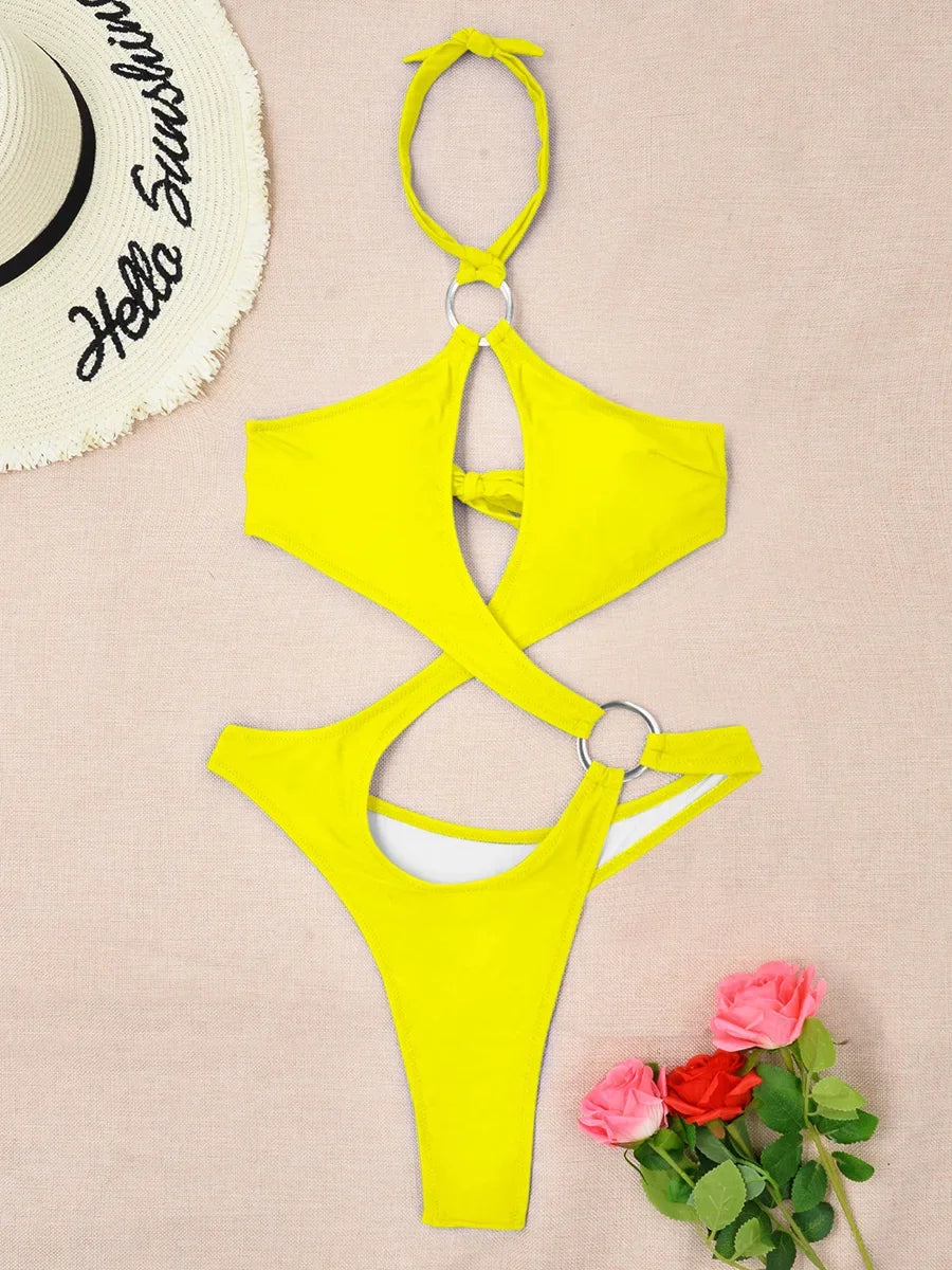 Sexy halter badpak met uitgesneden buik, dames string badmode