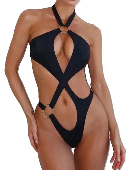 Sexy halter badpak met uitgesneden buik, dames string badmode