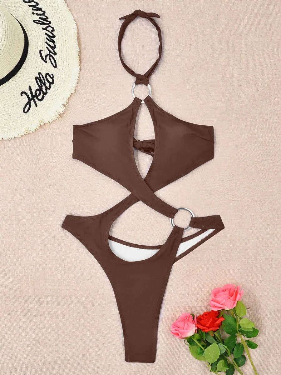 Sexy halter badpak met uitgesneden buik, dames string badmode