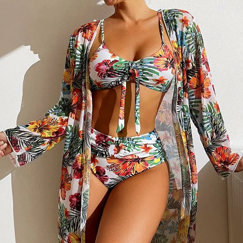 Driedelige badpak met bloemenprint, damesbikiniset, bh zonder beugel en padding, sporttop, blouse met lange mouwen, plus size