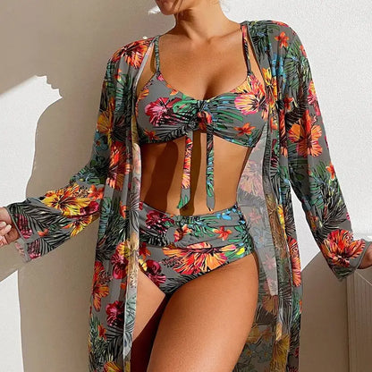 Driedelige badpak met bloemenprint, damesbikiniset, bh zonder beugel en padding, sporttop, blouse met lange mouwen, plus size