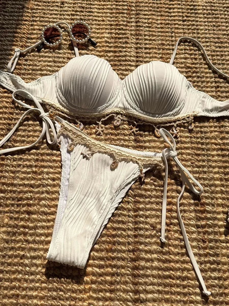 Shell Scalloped Wrinkled Underwired Bra Cup Bikini Set