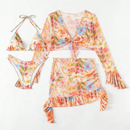 Nieuwe sexy print bikinisets hoge taille met strandrok lange mouwen crop top badpak vierdelige bikiniset