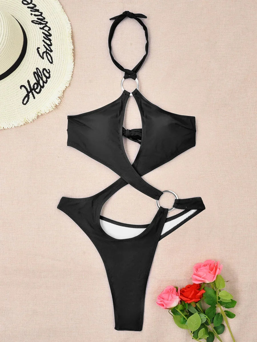 Sexy halter badpak met uitgesneden buik, dames string badmode