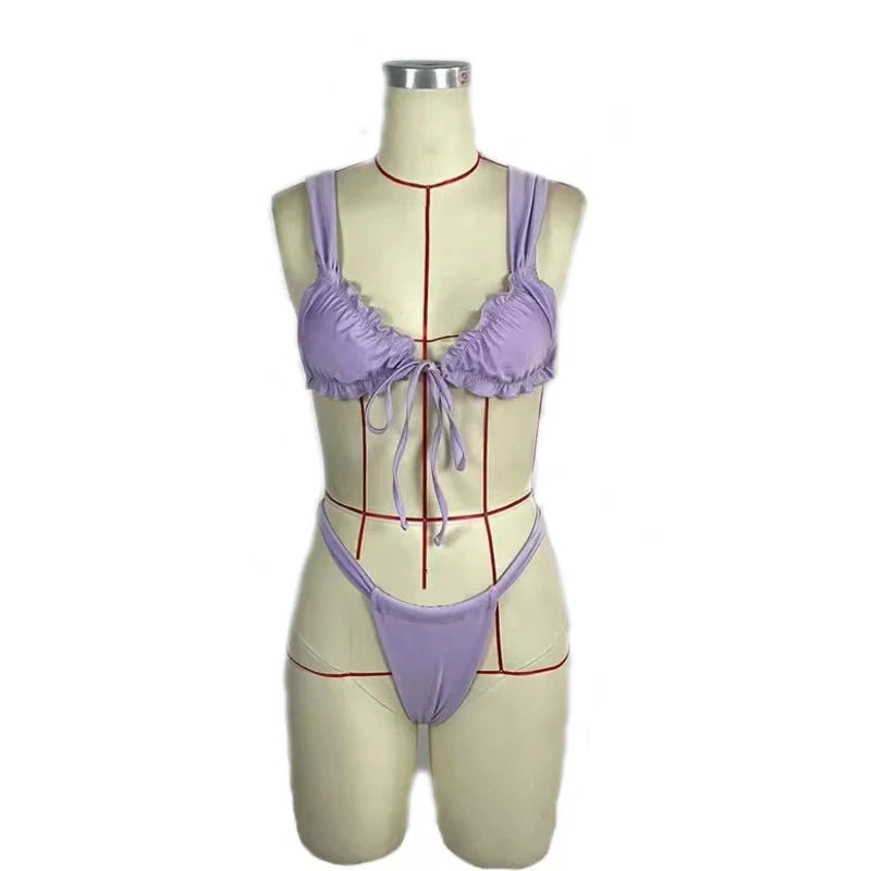 BEACHCICI Dames badpak sexy bikini tweedelig met vetersluiting geplooide hoge taille bikiniset