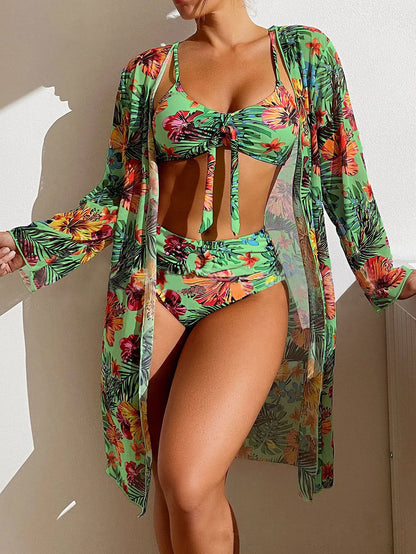 Driedelige badpak met bloemenprint, damesbikiniset, bh zonder beugel en padding, sporttop, blouse met lange mouwen, plus size