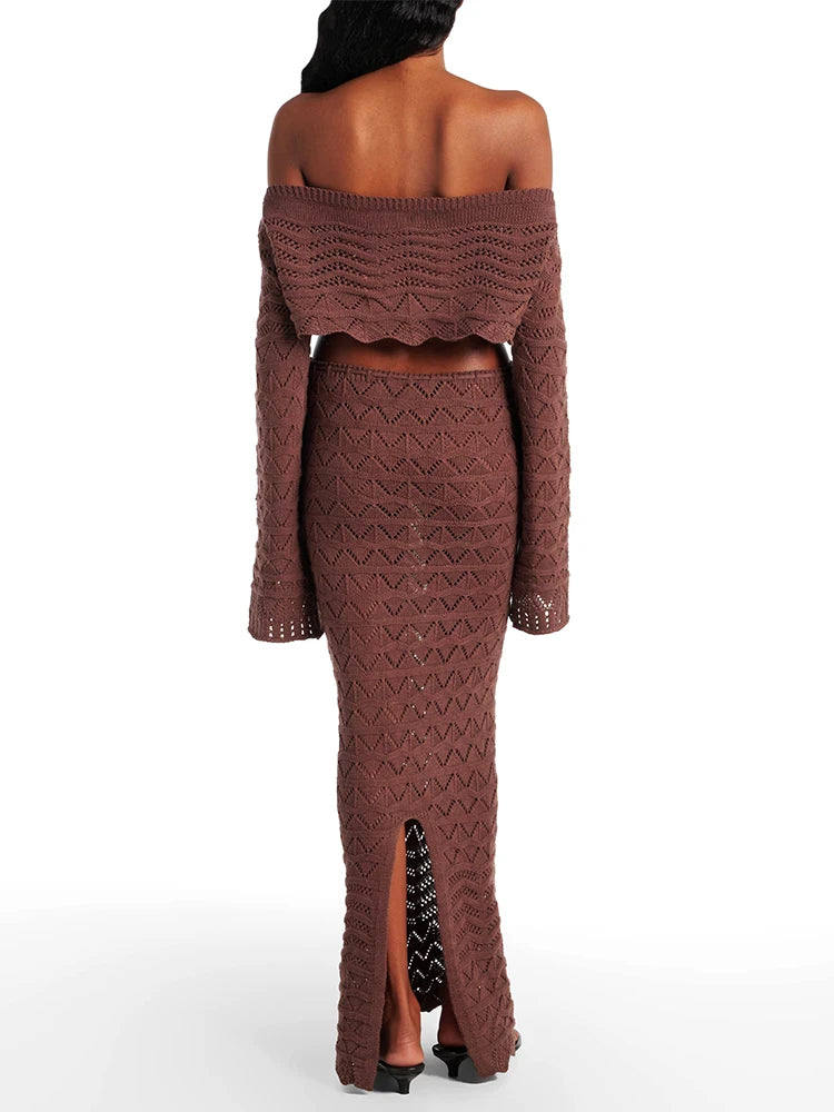 Sexy knitted chic 2-piece beach set, long sleeve short top with drawstring