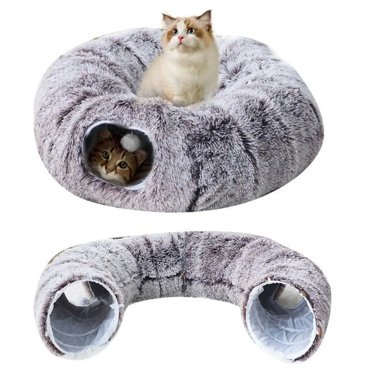 Pluche donut kattentunnelbed – ronde speeltunnel met hangende ballen, wasbare kiekeboe-grot voor kittens, kleine of grote katten