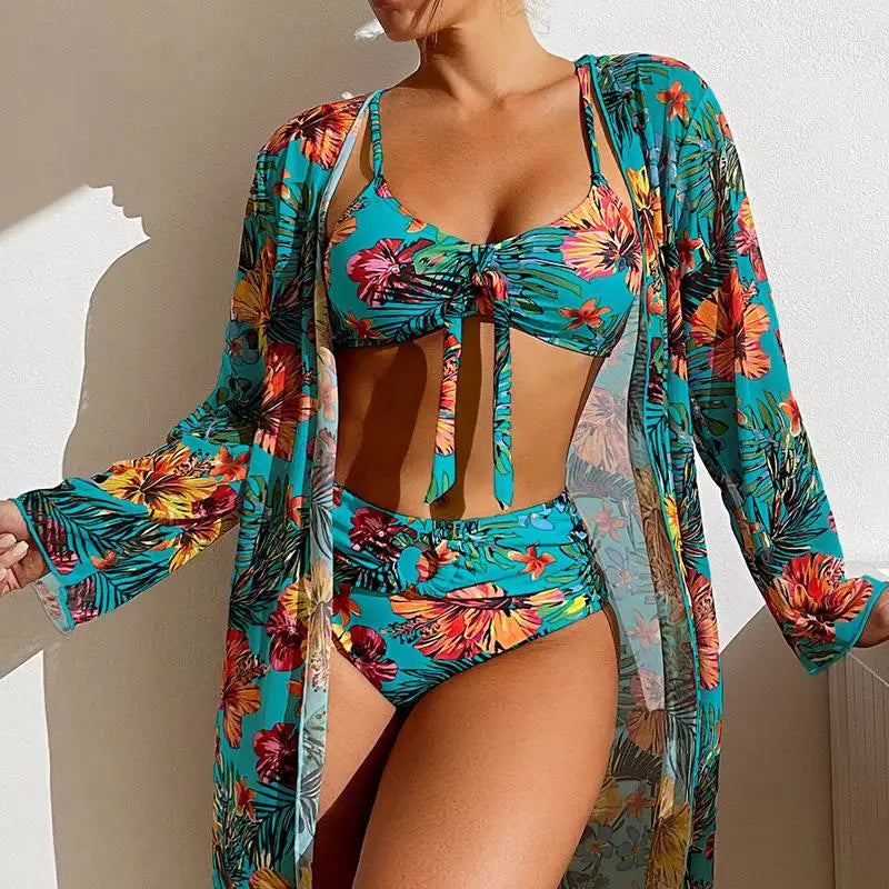 Driedelige badpak met bloemenprint, damesbikiniset, bh zonder beugel en padding, sporttop, blouse met lange mouwen, plus size