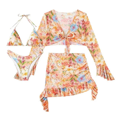 Nieuwe sexy print bikinisets hoge taille met strandrok lange mouwen crop top badpak vierdelige bikiniset