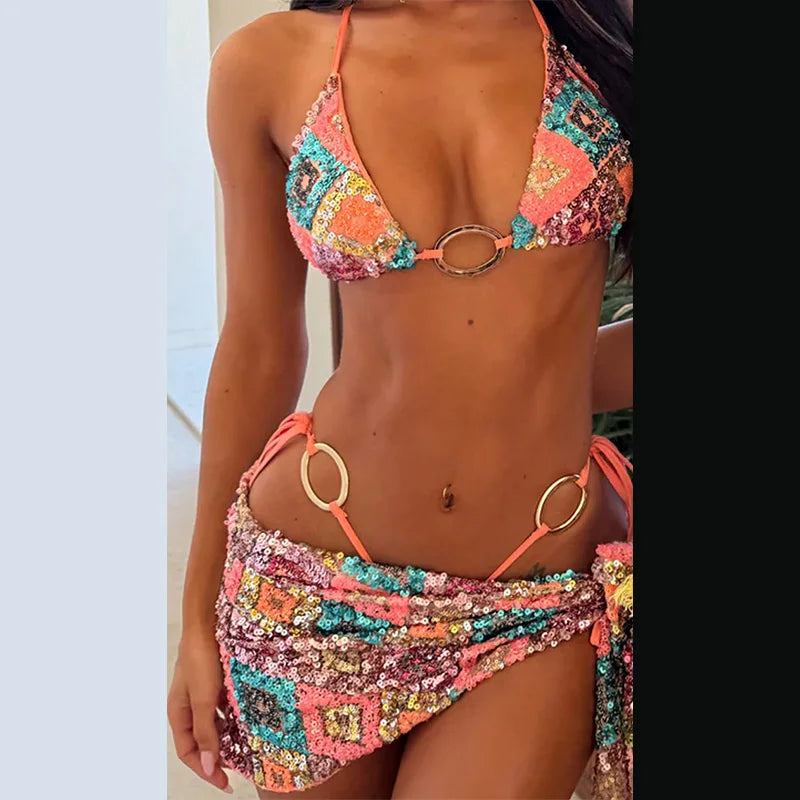 Sexy chique bedrukte bikini rok set met glitter