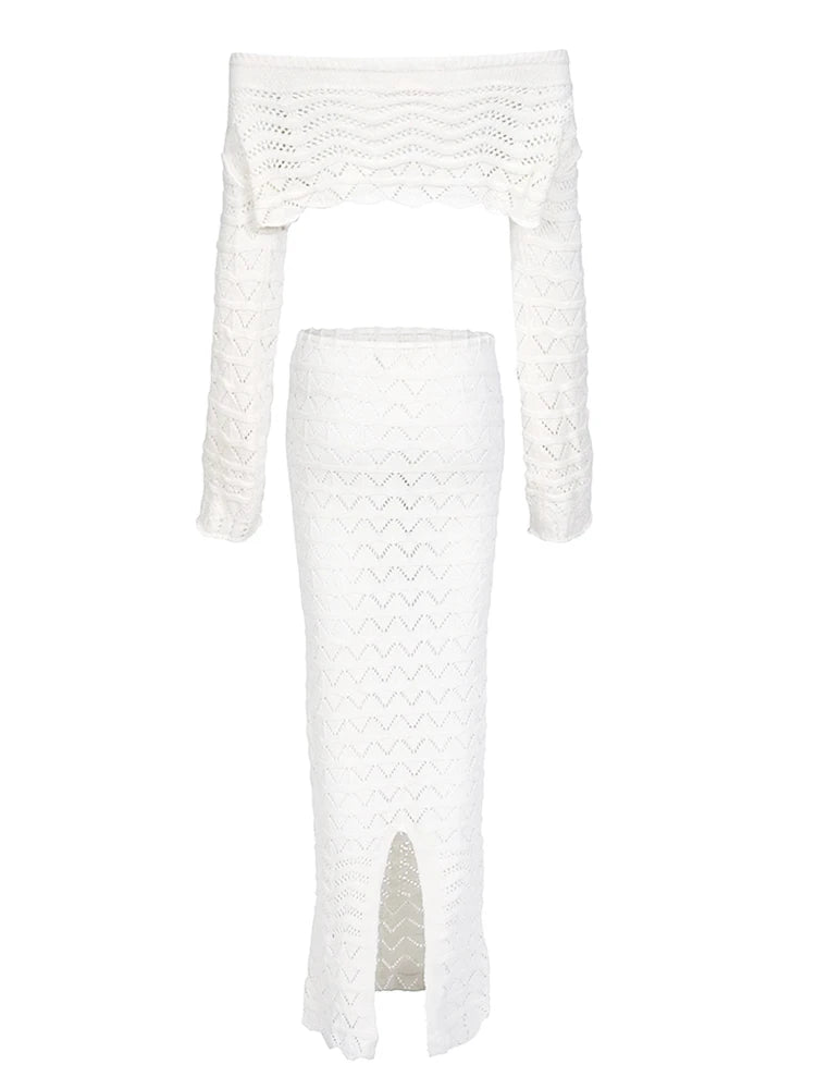 Sexy knitted chic 2-piece beach set, long sleeve short top with drawstring
