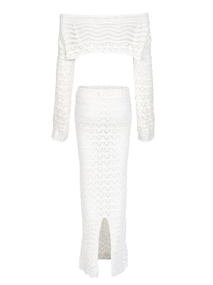 Sexy knitted chic 2-piece beach set, long sleeve short top with drawstring
