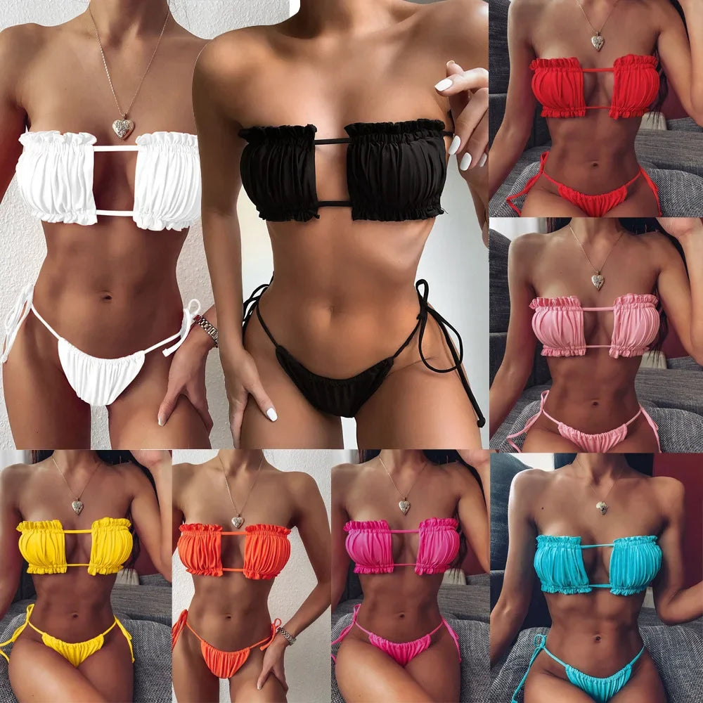 Nieuwe  Sexy badkleding met geplooide holle bikini